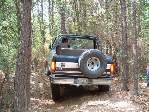 1993 Ford Bronco - Rear view of a 1993 Ford Bronco navigating a wooded trail with a spare tire mounted on the back.