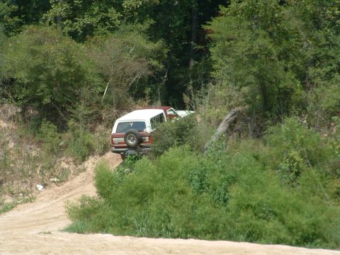 1993 Ford Bronco - Two SUVs are parked on a dirt path, partially obscured by dense foliage and trees.