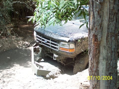 1987 Ford Bronco - Ford Bronco is stuck deep in mud, with a tree and foliage partially obscuring the view.