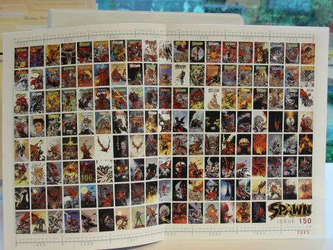 1991 Ford Bronco - A spread displays a chronological collection of Spawn comic book covers, detailing their release over a decade.