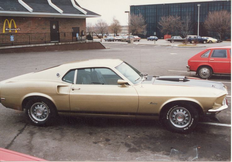 Gold 1969 Ford Mustang parked in a lot, side view, with a black hood accent