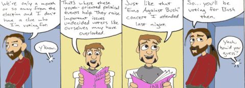 1984 Chevrolet El Camino - Comic strip two men in conversation about the upcoming election and political events.