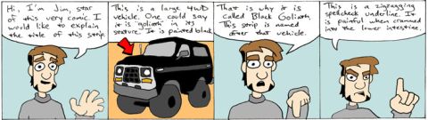 1984 Chevrolet El Camino - A comic strip panel features a black 4WD SUV, described as 'goliath' in size.