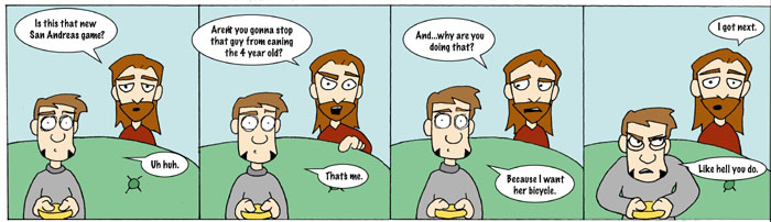 Web comic with two characters discussing a video game and a bicycle
