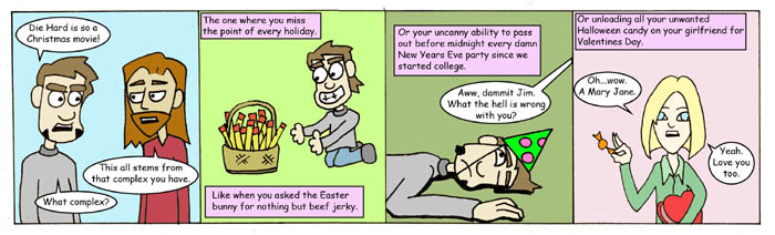 Web comic with four panels depicting conversations and humorous situations