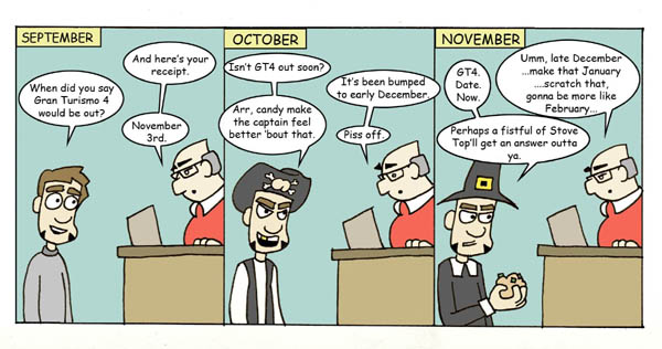 Comic strip showing characters discussing video game release dates in September, October, and November