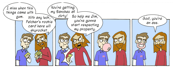 Four-panel cartoon comic strip of two characters arguing about a baseball card