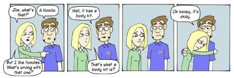 1984 Chevrolet El Camino - A comic strip depicts a conversation about a car, revealing a misunderstanding about body kits and leading to a comforting embrace.