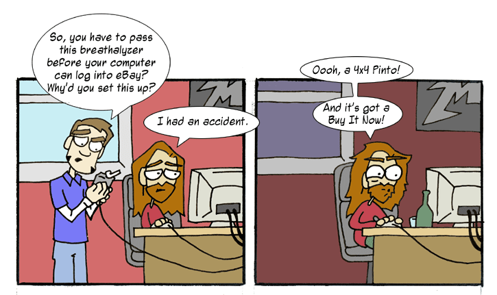 Cartoon comic strip about an eBay breathalyzer joke, not a vehicle photo