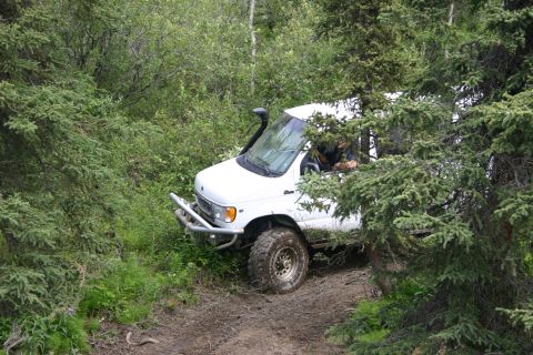 2003 Jeep TJ - A white off-road vehicle navigates a dense forest trail, its tires kicking up mud.
