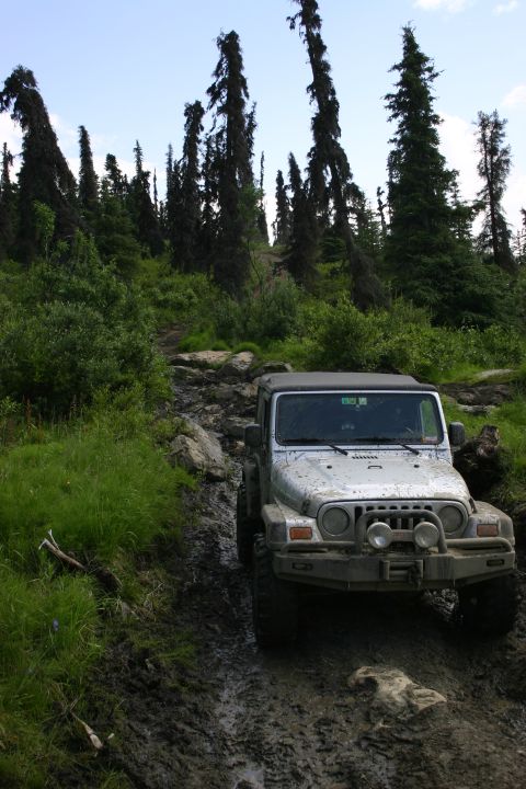 2003 Jeep TJ - A silver 2003 Jeep TJ navigates a challenging muddy and rocky off-road trail surrounded by dense forest.
