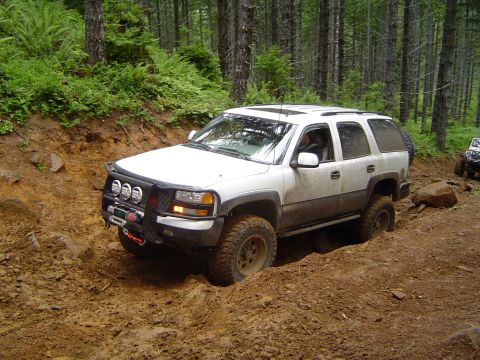 1989 Ford Bronco - Off-roading adventure in the woods with a white SUV navigating a difficult muddy path.