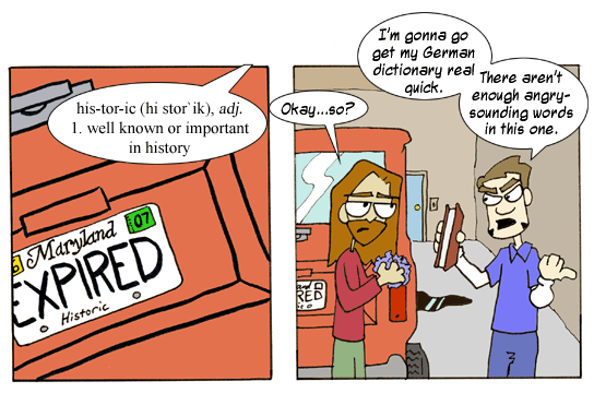 Comic strip joke about the definition of historic and an expired Maryland historic plate