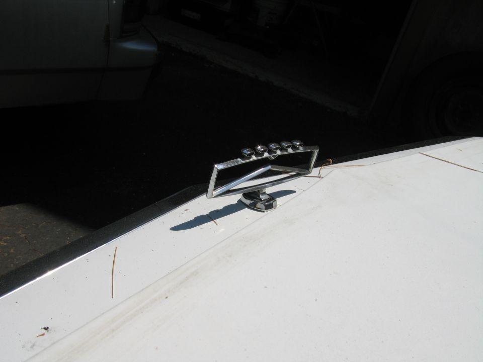 Chrome hood ornament with five studs on a white car hood