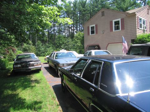 1991 Ford LTD Crown Victoria - A collection of vehicles, including a taxi, are parked in a residential driveway on a sunny day.
