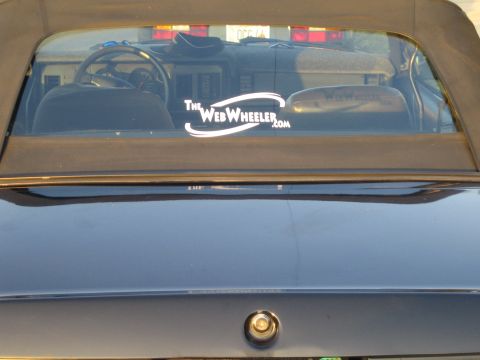 1985 Ford Mustang - Interior view of a convertible with a sticker on the rear window.