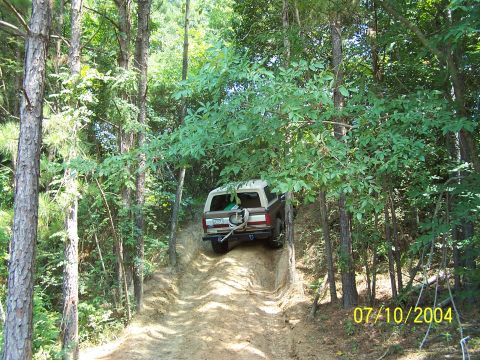 1987 Ford Bronco - A Ford Bronco navigates a challenging off-road trail surrounded by dense trees.