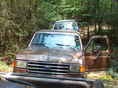 1987 Ford Bronco - This Ford truck, likely an F-150, is parked in a wooded area with another vehicle behind it.