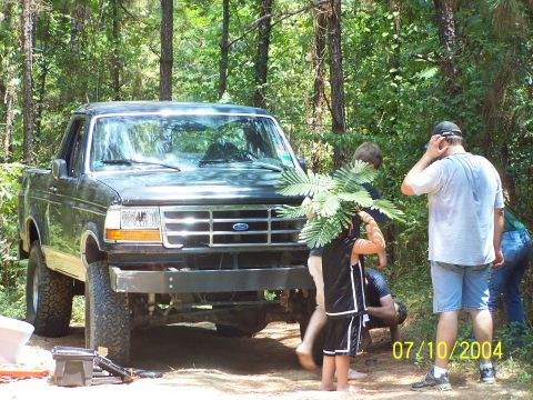 1987 Ford Bronco - A dark Ford F-150 truck is parked in a wooded area with people gathered nearby.
