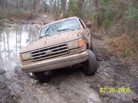 1987 Ford Bronco - This 1987 Ford Bronco is deep in the mud on a wooded trail, showing its off-road capabilities.
