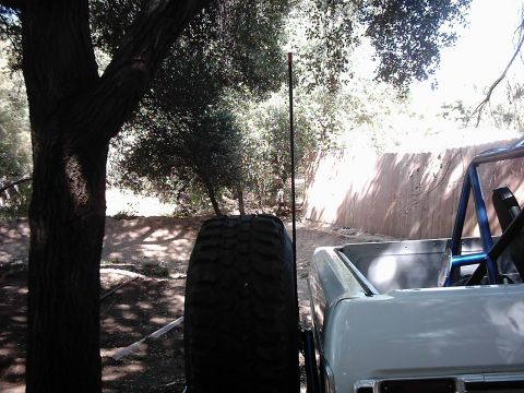 1978 Ford Bronco - A spare tire is mounted on the rear of an off-road vehicle, parked outdoors near trees and a dirt wall.