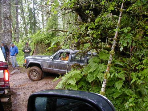 1994 Ford Explorer - A gray SUV navigates a muddy trail through a dense forest, with other vehicles and people visible.