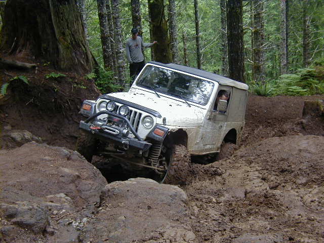 White Jeep Wrangler stuck in mud on a wooded trail. Person standing in background