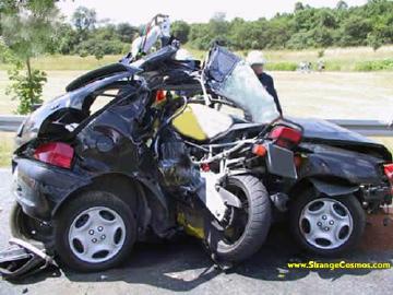 1968 Ford Mustang - Car and motorcycle involved in a severe collision, showing extensive damage.