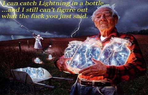 1968 Ford Mustang - Man attempts to capture lightning in jars during a thunderstorm, with another person fishing in the distance.