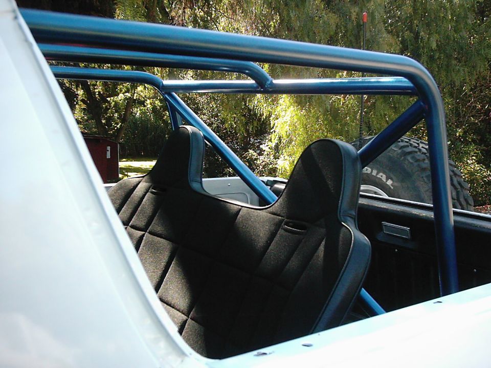 Interior of a vehicle with black quilted seats and a blue roll cage. A spare tire is visible through the rear window