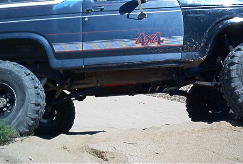 1986 Ford Bronco - A blue Ford Bronco with a 4x4 decal is shown from the side, with its lifted suspension and large tires visible on sand.