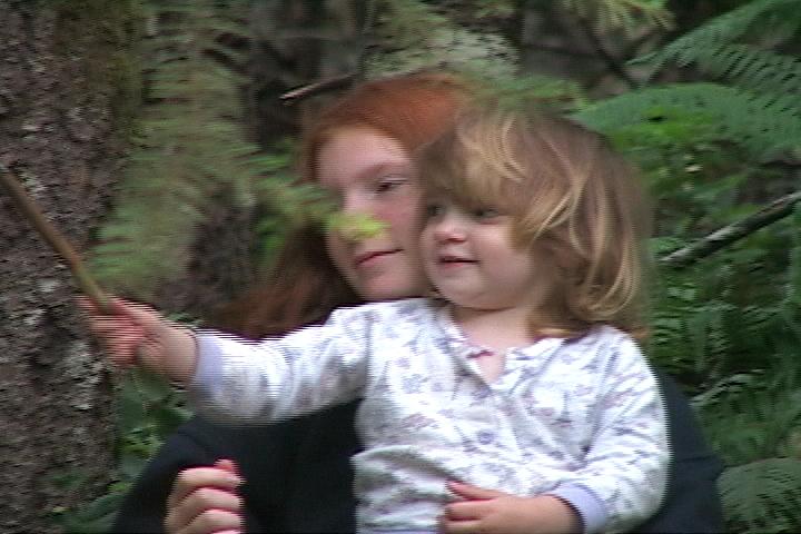 Two young children outdoors among ferns and trees