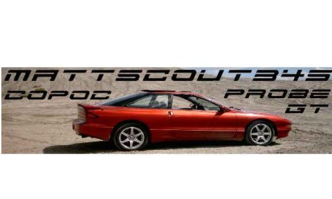 1996 Ford Probe - A red 1996 Ford Probe GT is shown from the side, parked in a dry, outdoor setting with text superimposed on the background.