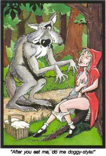 1968 Ford Mustang - A cartoon depicts a wolf interacting with a woman in a forest setting, with a basket nearby.