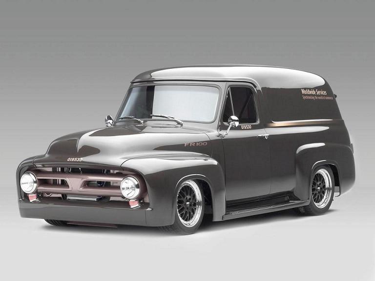 Gray custom 1950s Ford panel delivery truck studio photo with lowered stance
