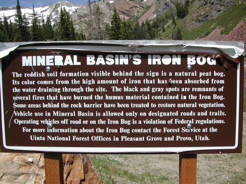 1994 Ford Bronco - A sign details the geology and regulations of Mineral Basin's Iron Bog, with mountains in the background.