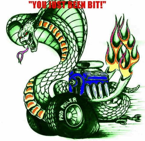 1972 Ford Ranchero - This illustration depicts a cobra wrapped around a Ford engine, with flames and text, not a 1972 Ford Ranchero.