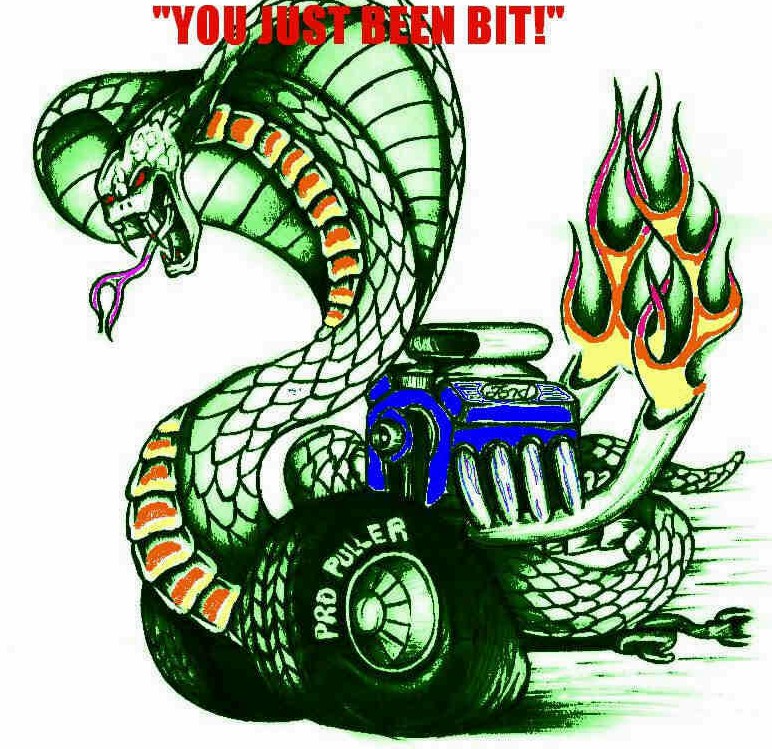 Cartoon cobra snake over a flaming hot rod engine with 'YOU JUST BEEN BIT!' text
