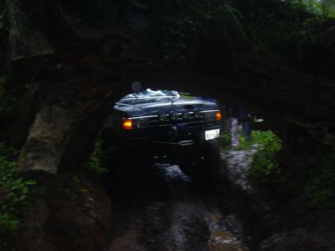 1991 Ford Bronco - A black 1991 Ford Bronco navigates a muddy trail through a natural tunnel formed by fallen trees.