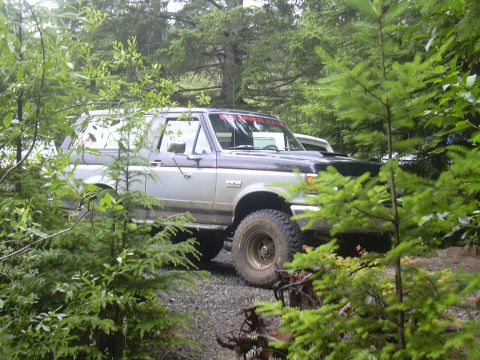 1991 Ford Bronco - A lifted Ford Bronco with a two-tone paint job sits parked on a gravel surface amidst dense foliage.