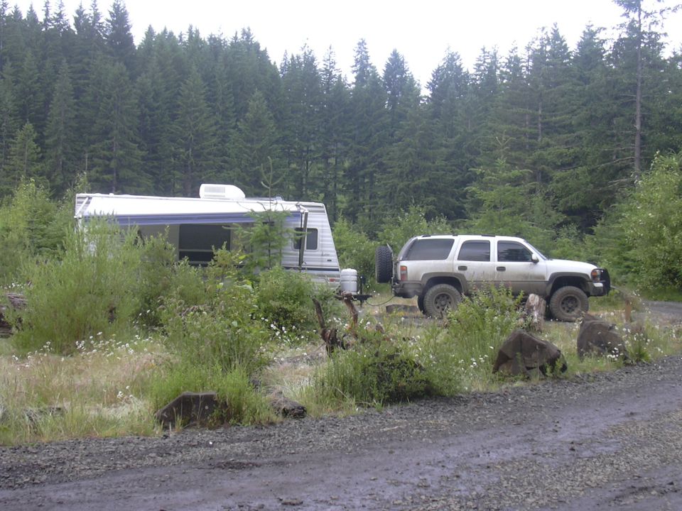 White SUV parked next to a travel trailer in a forest clearing