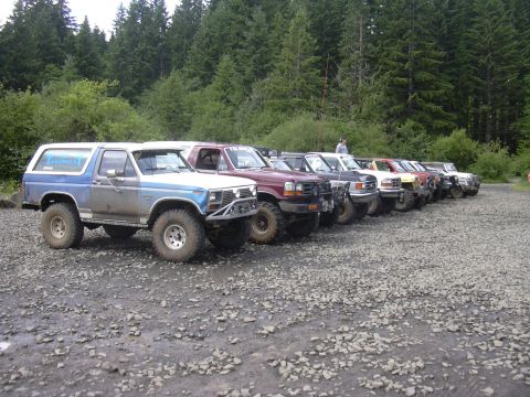 1991 Ford Bronco - Multiple Ford Broncos parked in a row on a gravel lot with a forest in the background.