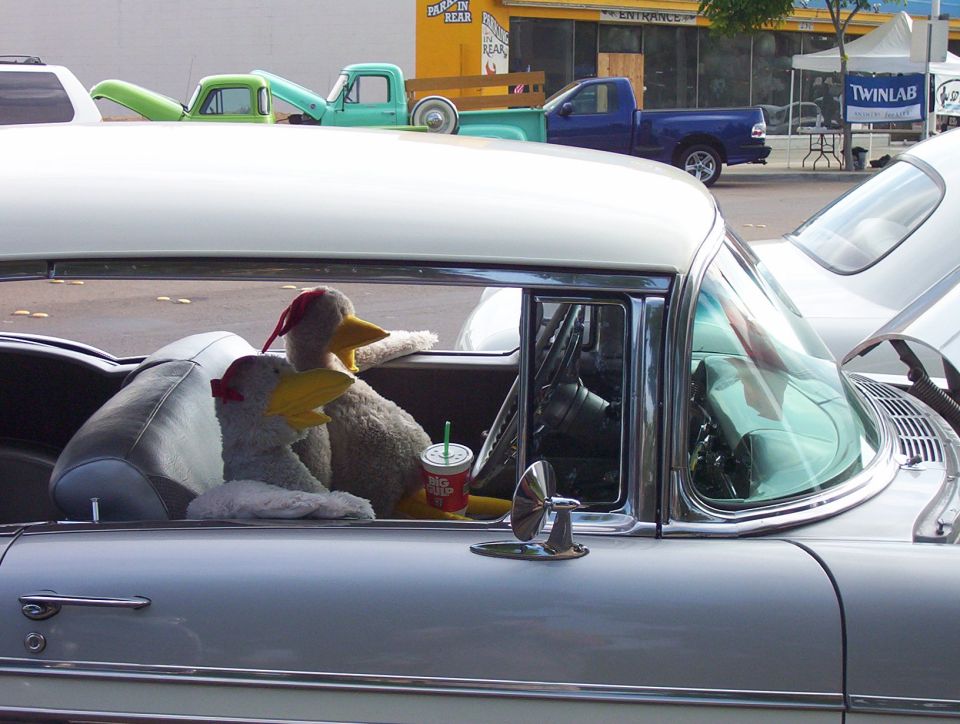 Two stuffed ducks with red bows sit in the front seats of a classic car, with a drink cup between them. Other vehicles are visible in the background
