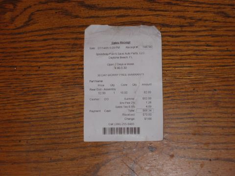1989 Ford Bronco - A sales receipt details the purchase of a rear end assembly from Speedway Pull-N-Save Auto Parts LLC.