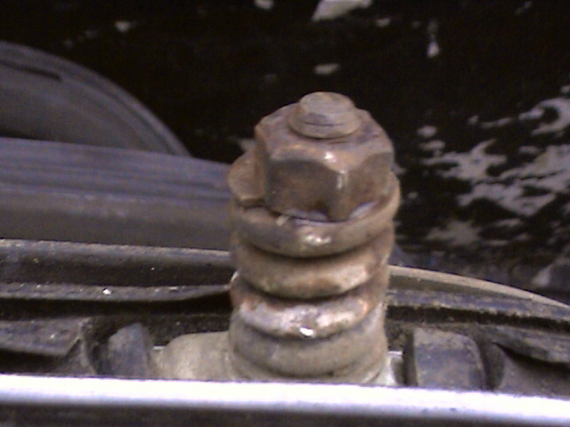 Close-up of a rusted bolt with multiple washers stacked on it