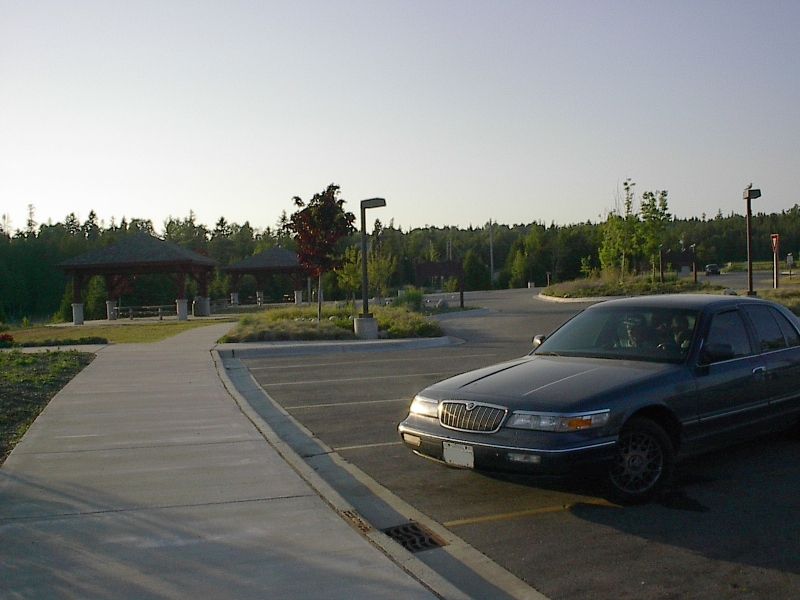 Dark sedan parked in a lot with a paved walkway and gazebos in the background