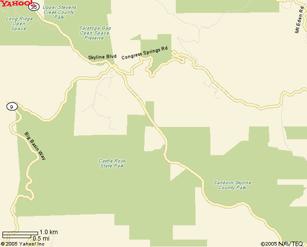 Yahoo road map screenshot of Skyline Blvd and Castle Rock State Park area