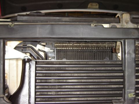 1992 Ford Bronco - Close-up view of a vehicle's radiator and intercooler assembly.