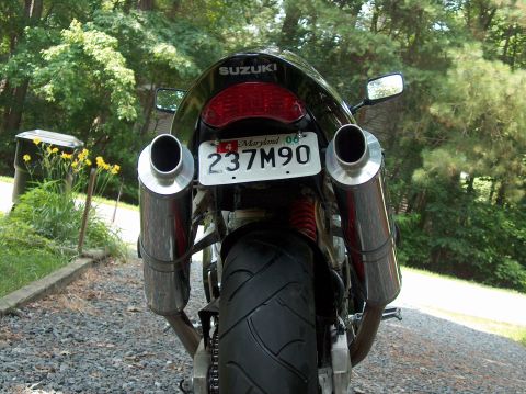 2002 Suzuki TL1000R - Motorcycle rear view with dual exhaust and Maryland license plate.