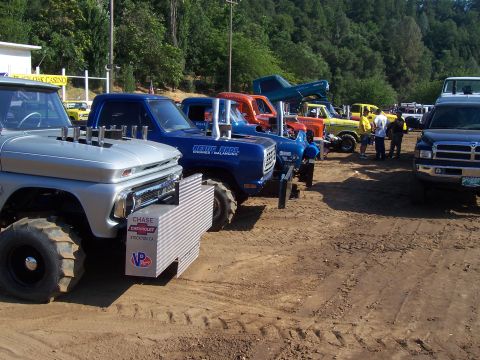 1994 Ford F-150 - A lineup of custom trucks, some with prominent exhaust pipes, parked on a dirt lot under a sunny sky.